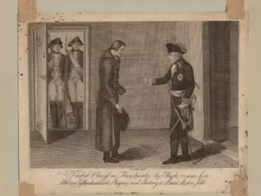 Fridrich II. v hlavním stanu u Olomouce roku 1758 osobně nutí špiona k doznání, že zapálil sklad a pekárnu. Mědirytina Frederika Carstense (1762–?), kolem roku 1800. Státní okresní archiv v Olomouci, Archiv města Olomouce, fond M-8-34, Sbírka obrazového materiálu a fotografií Olomouc, inv. č. 373. http://digi.archives.cz/da/permalink?xid=AA07F88FEC9E4BF5B92AA2124C025413&scan=1